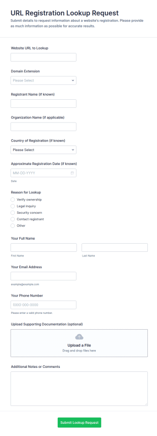URL Registration Lookup Request Form Template