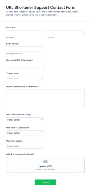 URL Shortener Support Contact Form Template