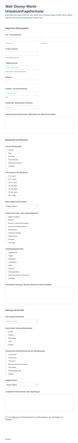 Urlaubsanfrage Für Den Walt Disney World Urlaub Form
