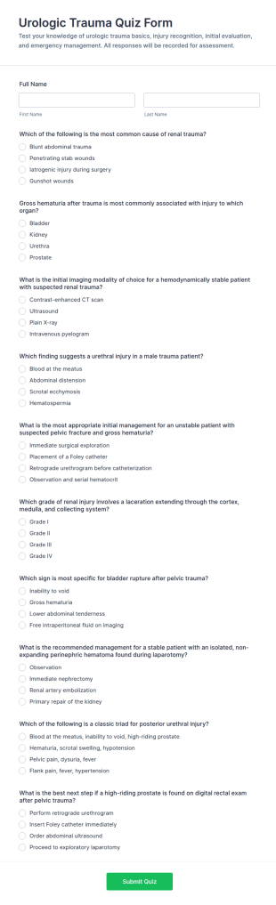 Urologic Trauma Quiz Form Template
