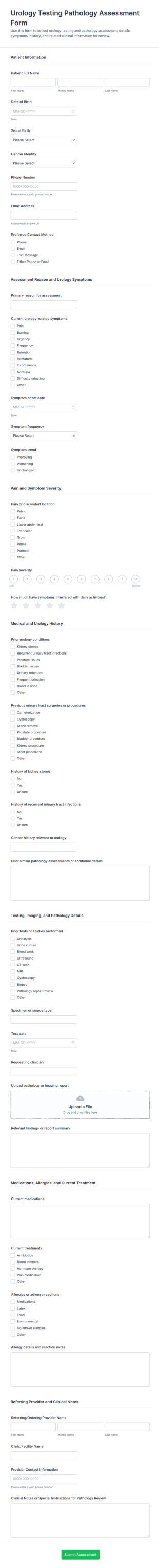 Urology Testing Pathology Assessment Form Template