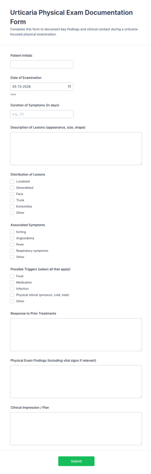 Urticaria Physical Exam Documentation Form Template