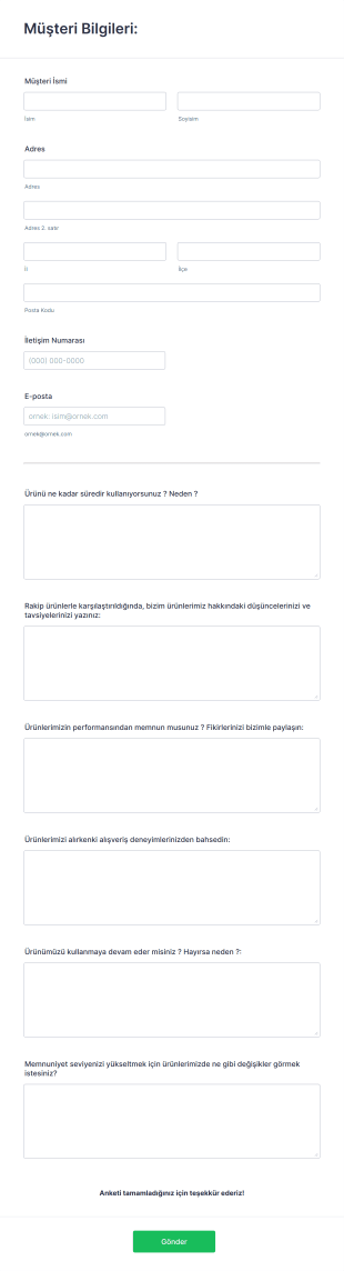 Ürün Anket Form Şablonu