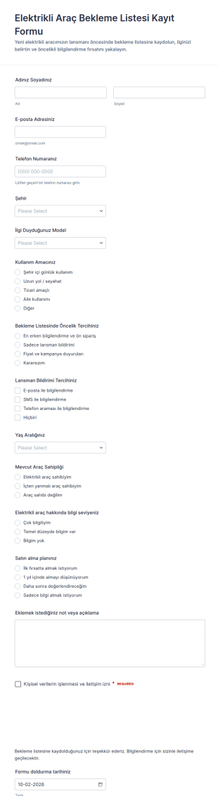 Ürün Bekleme Listesi Başvuru Form Şablonu