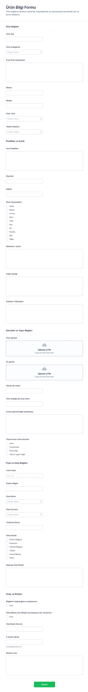 Ürün Bilgi Form Şablonu
