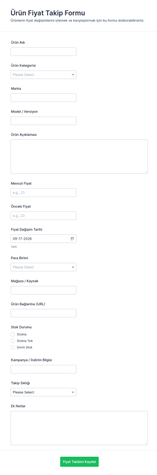 Ürün Fiyat Takip Form Şablonu
