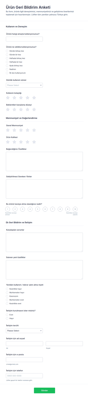 Ürün Geri Bildirim Anketi Form Şablonu