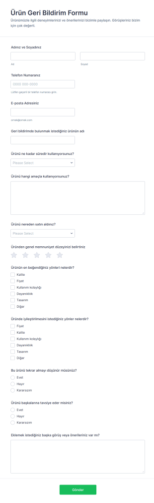&Uuml;r&uuml;n Geri Bildirim Form Template