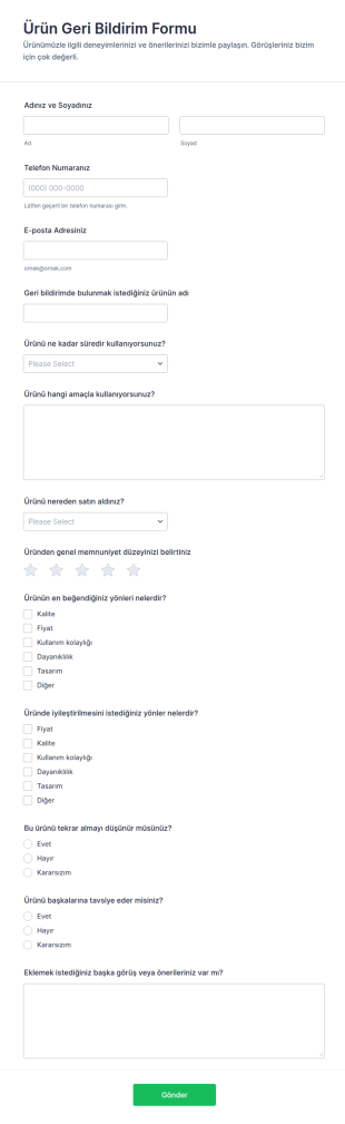 Ürün Geri Bildirim Form Şablonu