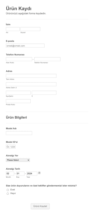 Ürün Kaydı Form Şablonu