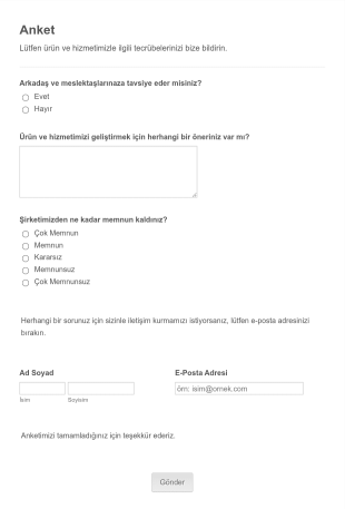 Ürün Müşteri Geribildirimi Form Şablonu