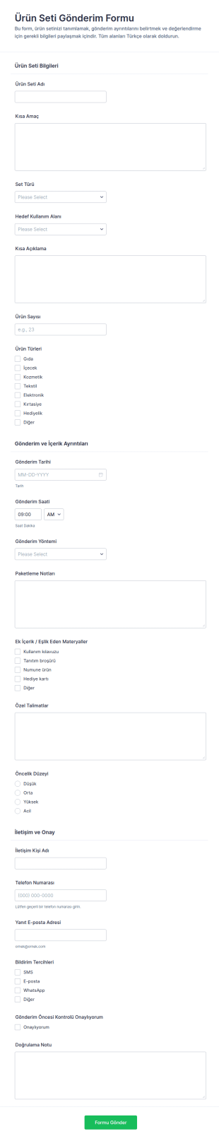 Ürün Seti Teslim Form Şablonu