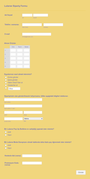Ürün Sipariş Form Örneği