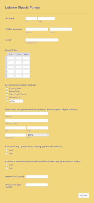 Ürün Sipariş Form Örneği Form Template