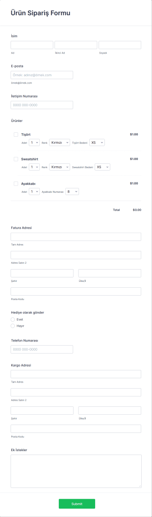 Ürün Sipariş Formu Örneği Form Template