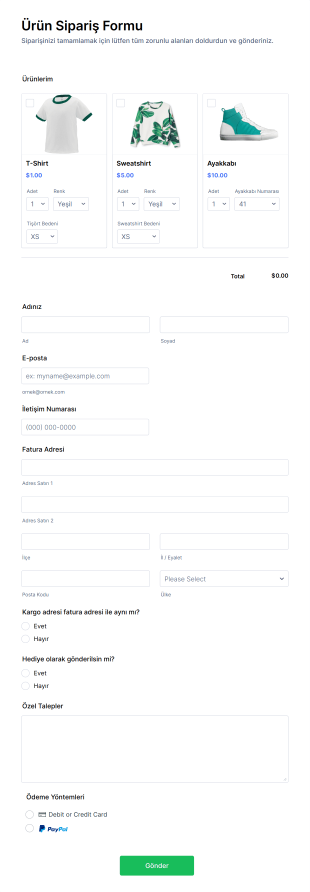 Ürün Sipariş Form Template