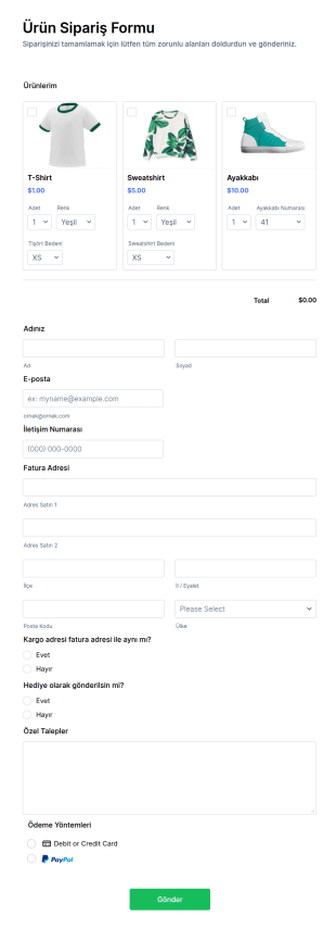Ürün Sipariş Form Şablonu
