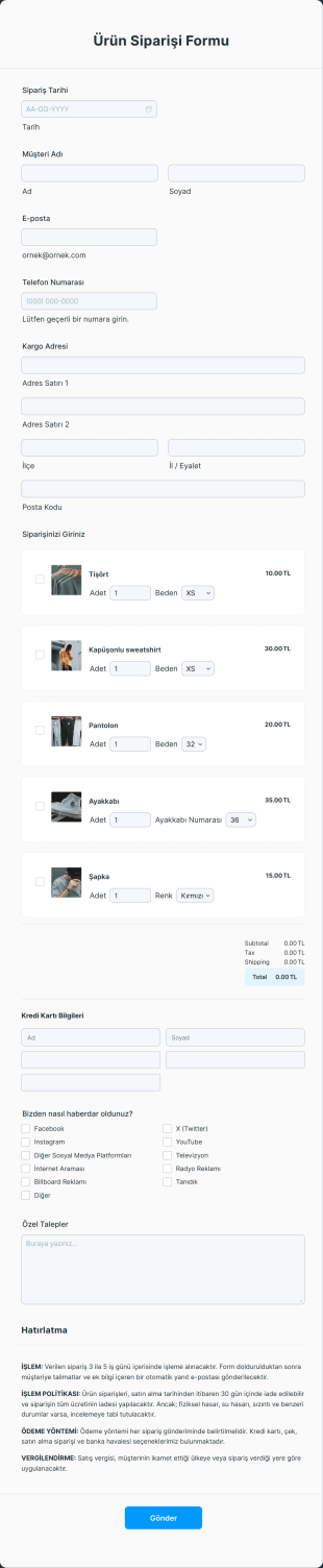 Ürün Siparişi Form Template