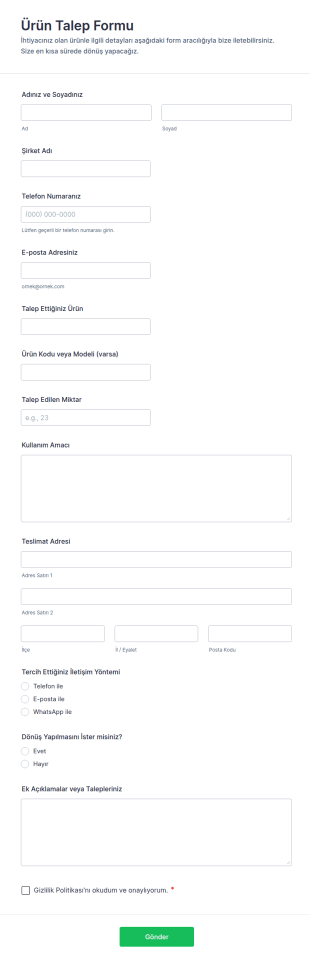 Ürün Talep Form Şablonu