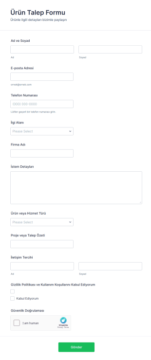 Ürün Talep Form Şablonu