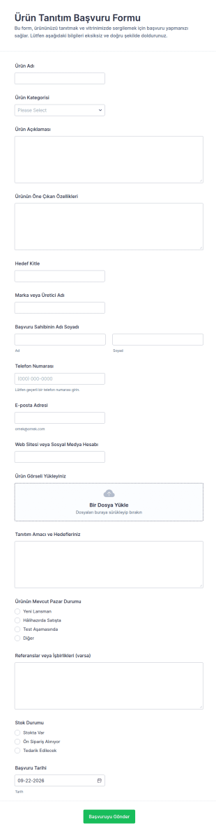 Ürün Tanıtımı Başvuru Form Şablonu