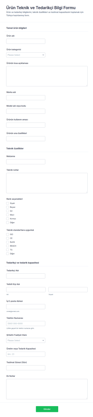 Ürün Teknik Ve Tedarikçi Bilgi Form Şablonu