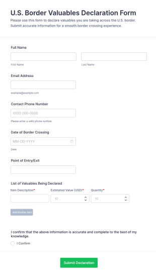 U.S. Border Valuables Declaration Form Template