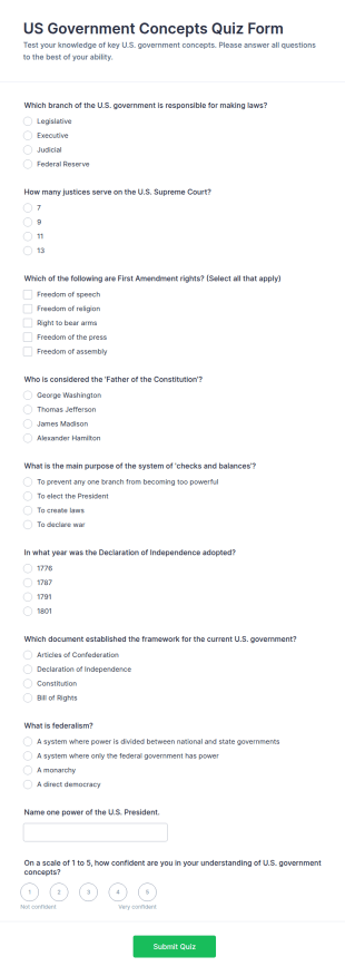 US Government Concepts Quiz Form Template