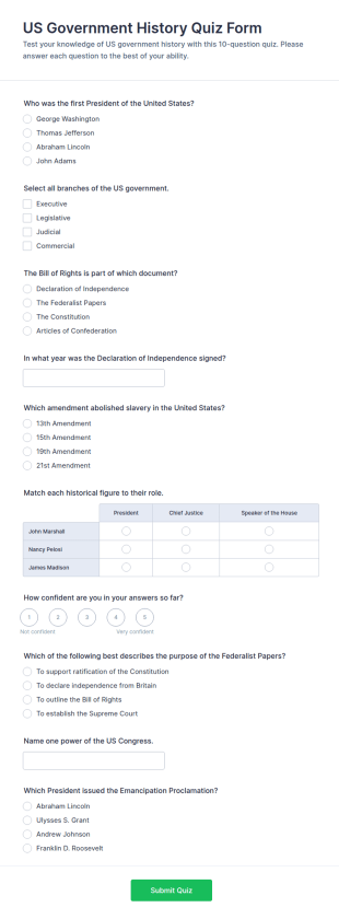 US Government History Quiz Form Template