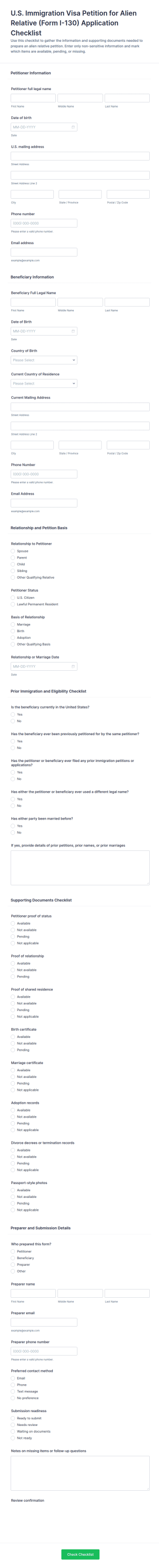 U.S. Immigration Visa Petition For Alien Relative Checklist Form Template