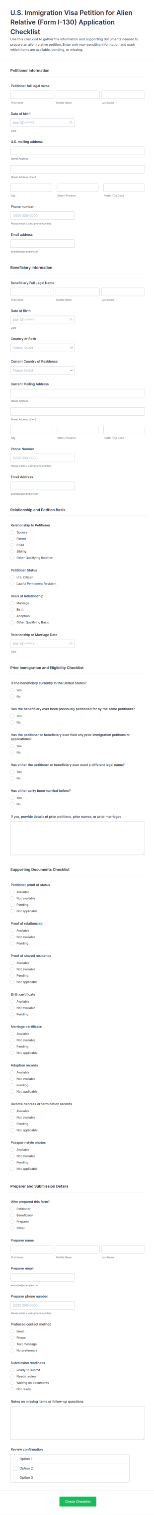 U.S. Immigration Visa Petition For Alien Relative Checklist Form Template