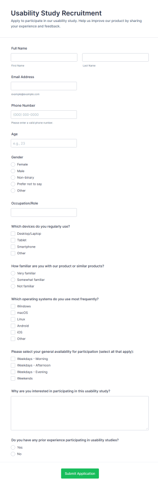 Usability Study Recruitment Form Template
