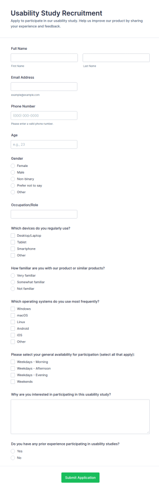 Usability Study Recruitment Form Template