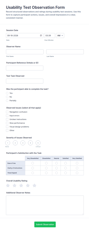 Usability Test Observation Form Template