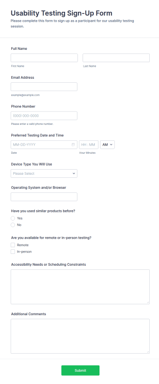 Usability Testing Sign Up Form Template