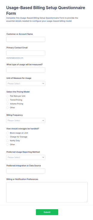 Usage Based Billing Setup Questionnaire Form Template