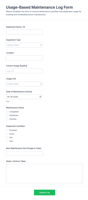 Usage Based Maintenance Log Form Template