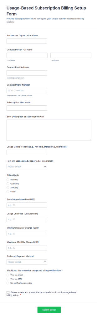 Usage Based Subscription Billing Setup Form Template