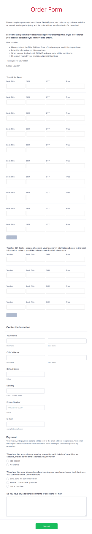Classroom Book Order Form Template