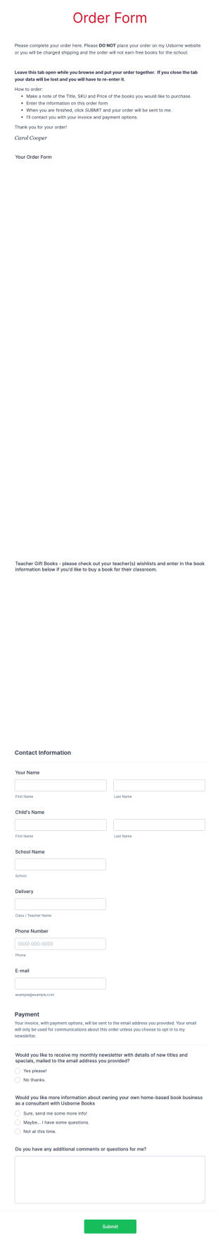 Classroom Book Order Form Template