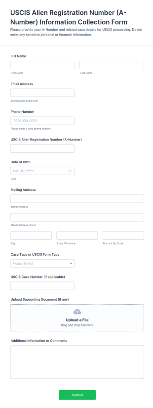 USCIS Alien Registration Number (A Number) Information Collection Form Template