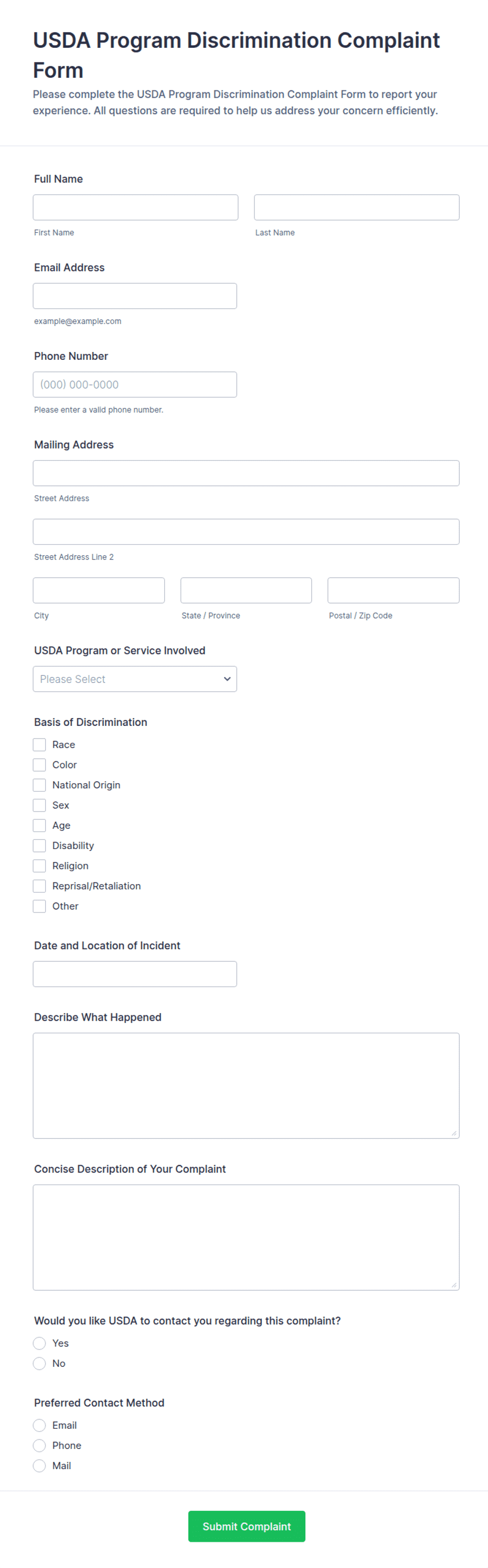 USDA Program Discrimination Complaint Form Template | Jotform