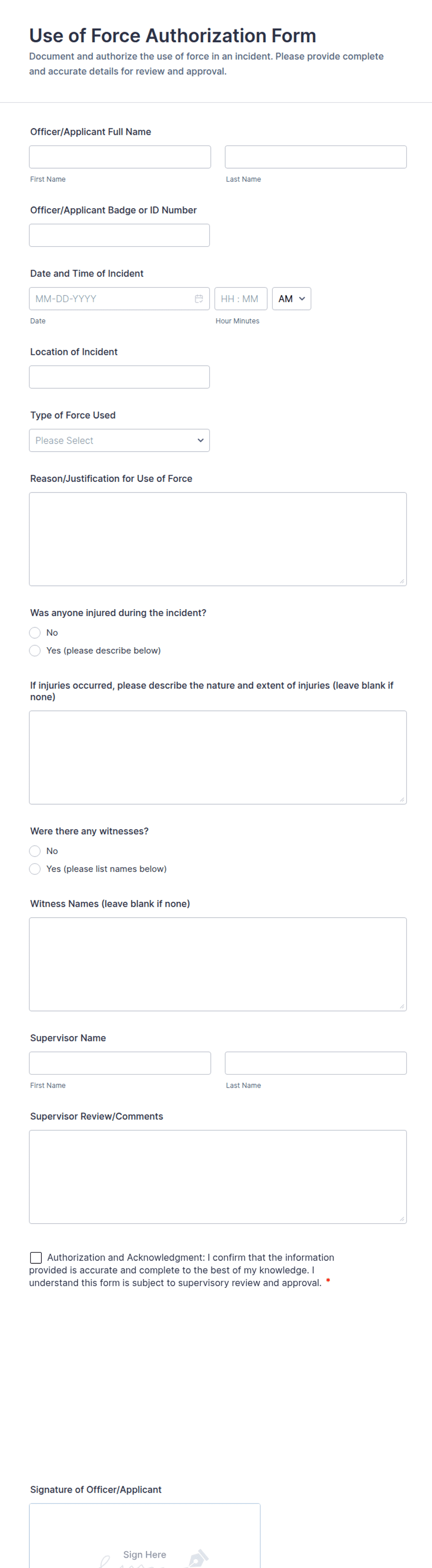 Use of Force Authorization Form Template | Jotform