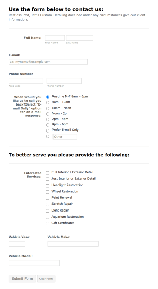 Automotive Detailers Contact Form Template