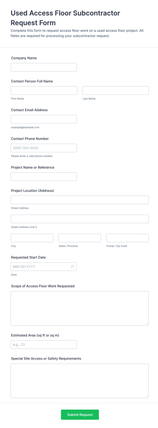 Used Access Floor Subcontractor Request Form Template