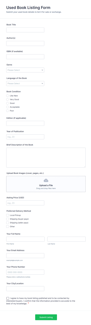 Used Book Listing Form Template