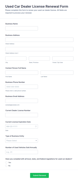 Used Car Dealer License Renewal Form Template