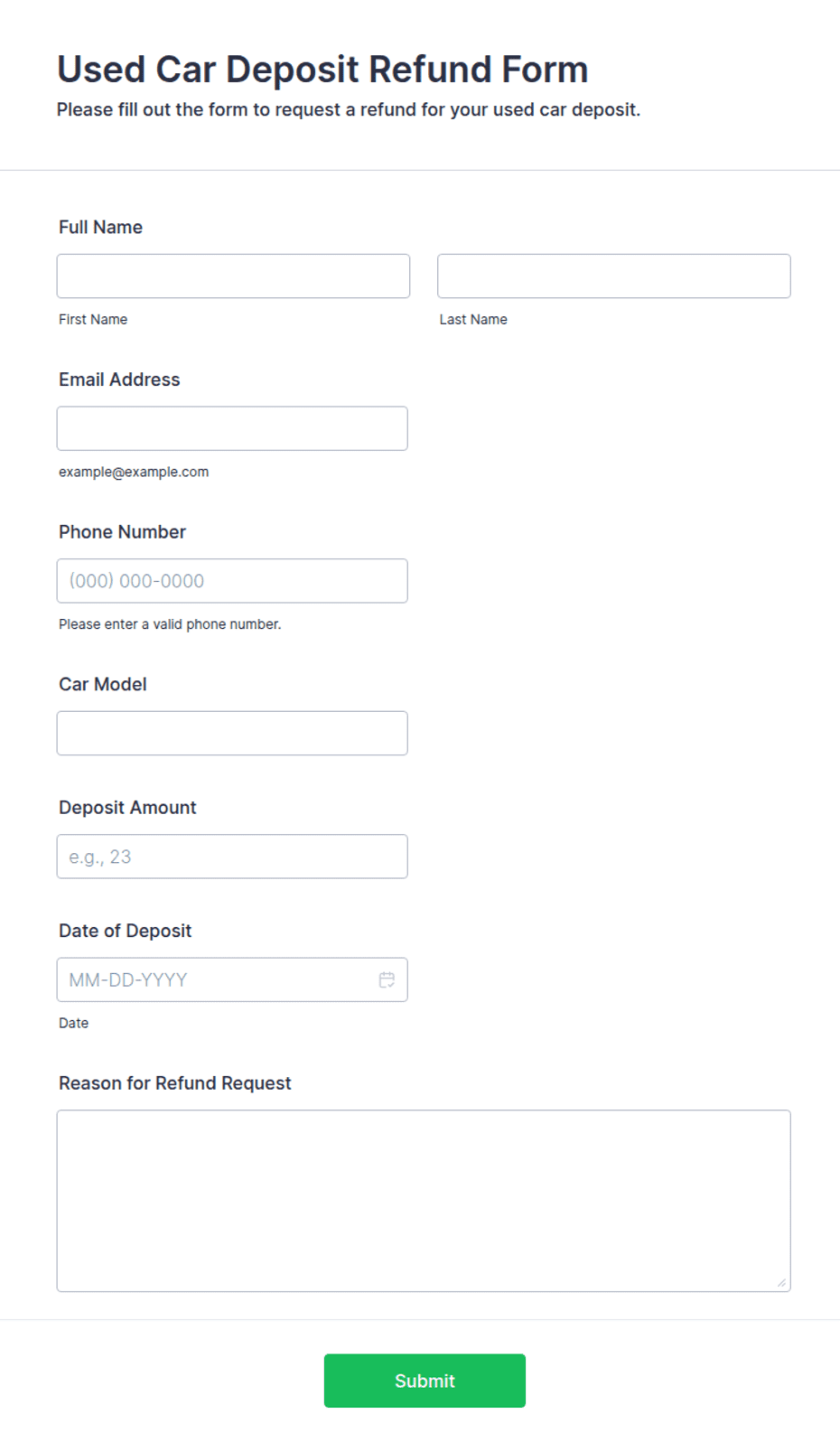Store Used Form Used Car Deposit Refund Form Template | Jotform
