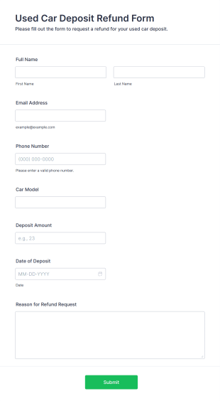 Used Car Deposit Refund Form Template