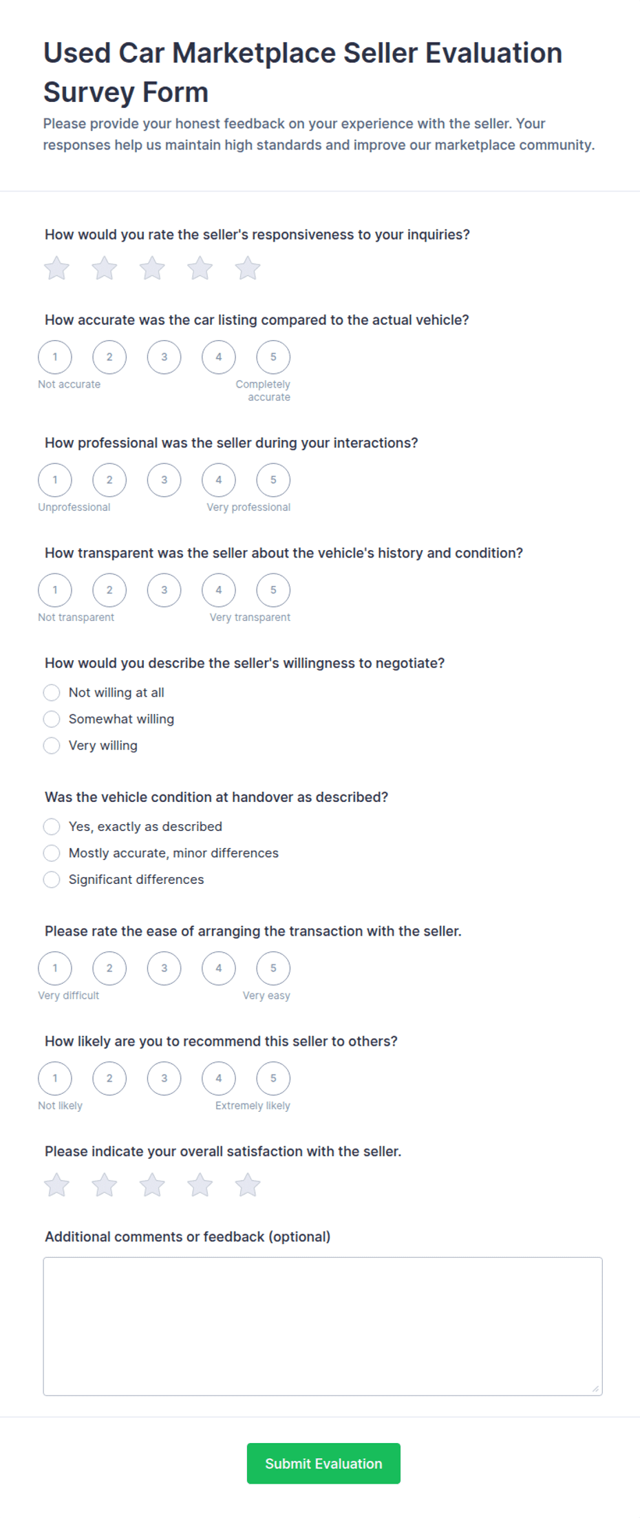 Used Car Marketplace Seller Evaluation Survey Form Template | Jotform